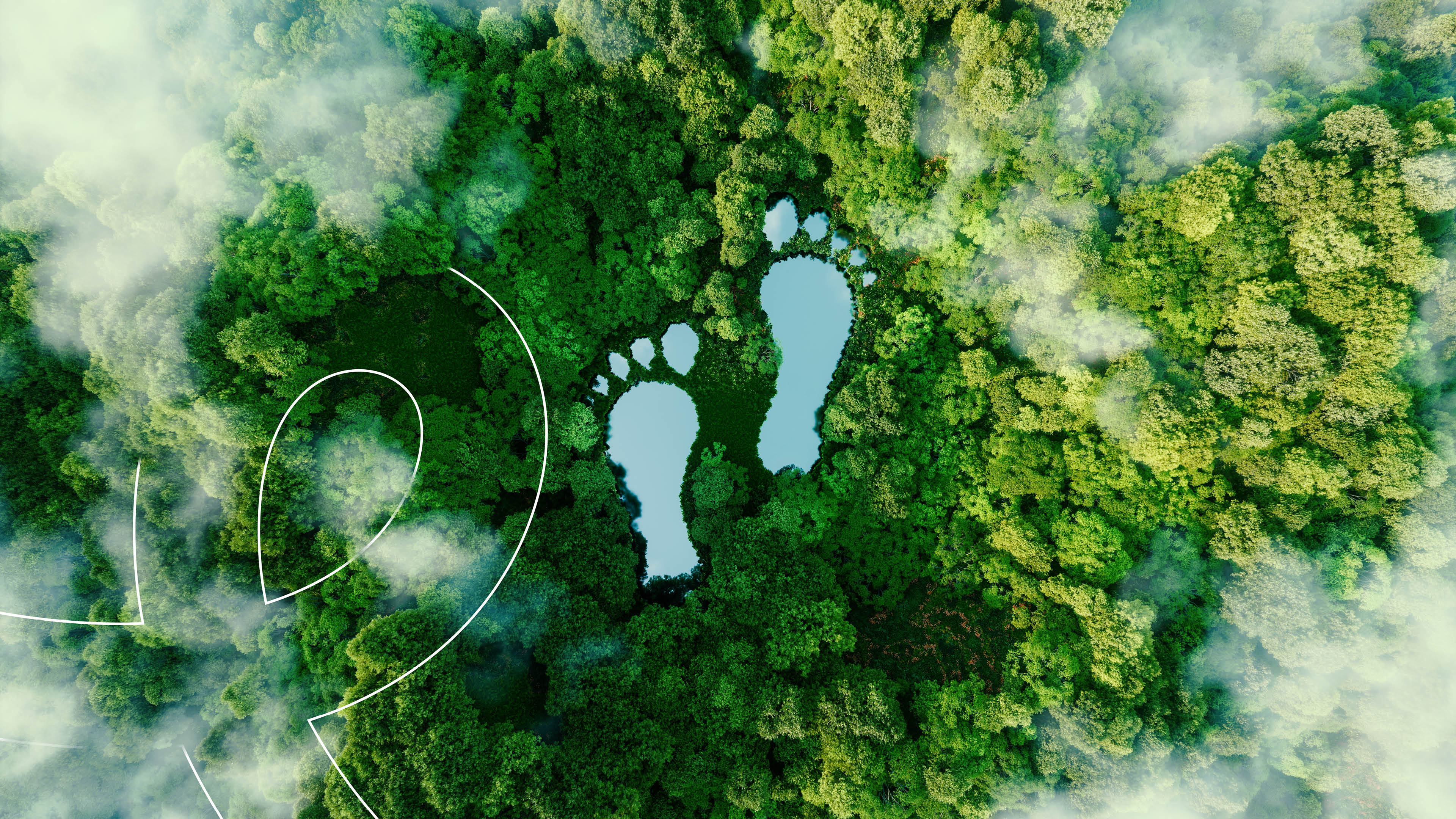 A lake in the shape of human footprints in the middle of a lush forest as a metaphor for the impact of human activity on the landscape and nature in general. 3d rendering.