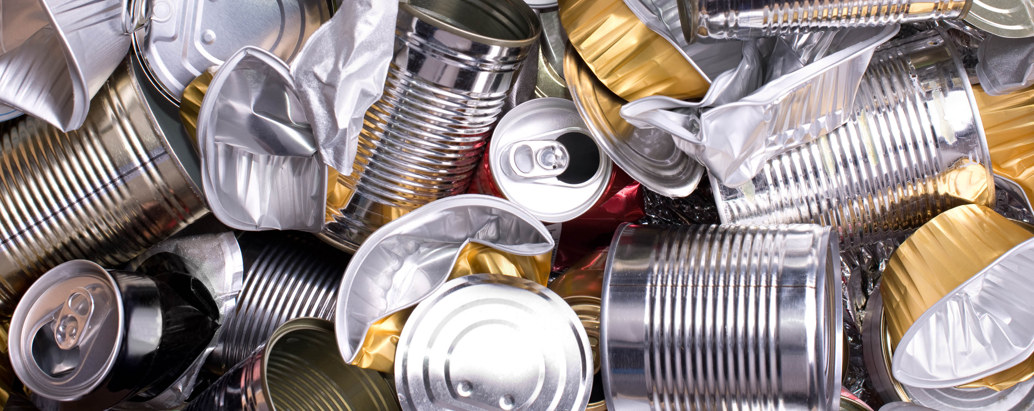 Metal cans and tins prepared for recycling