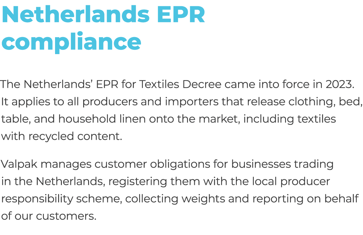 Netherlands EPR compliance The Netherlands’ EPR for Textiles Decree came into force in 2023. It applies to all produc...
